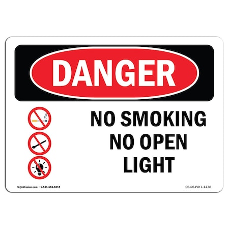 Signmission OSHA Danger Sign, No Smoking Or Open Lights, 10in X 7in Decal, 7" W, 10" L, Landscape OS-DS-D-710-L-1478